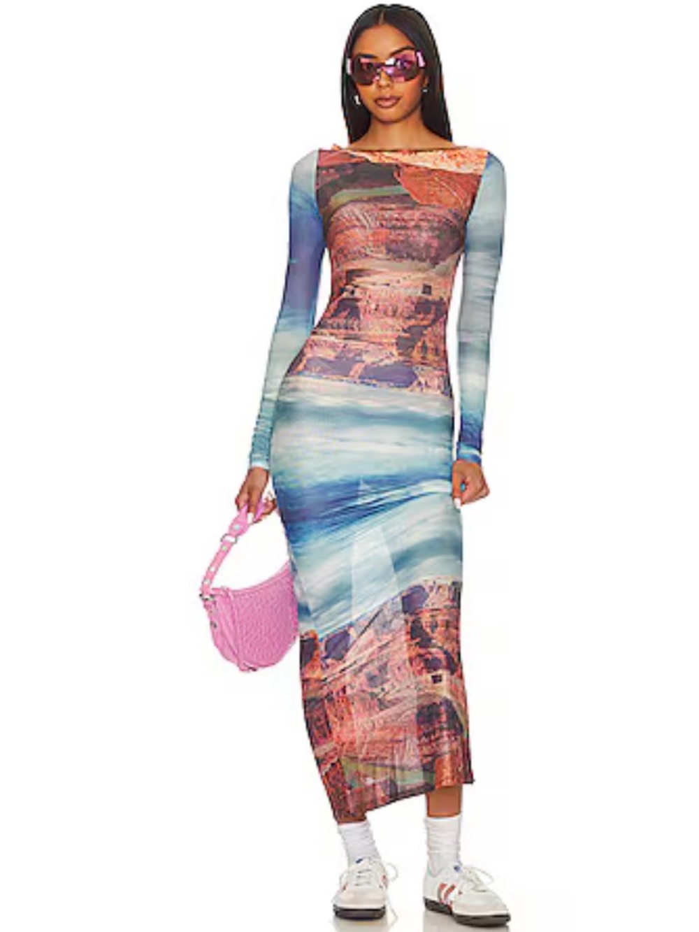 SUPERDOWN Printed Long-Sleeve Bodycon Midi Dress in Blue and Multicolor